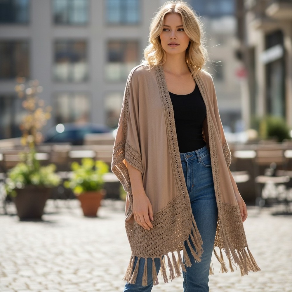 Altar'd State Kimono Women M/L Tan Excellent Crochet Fringe Boho Wrap Cardigan